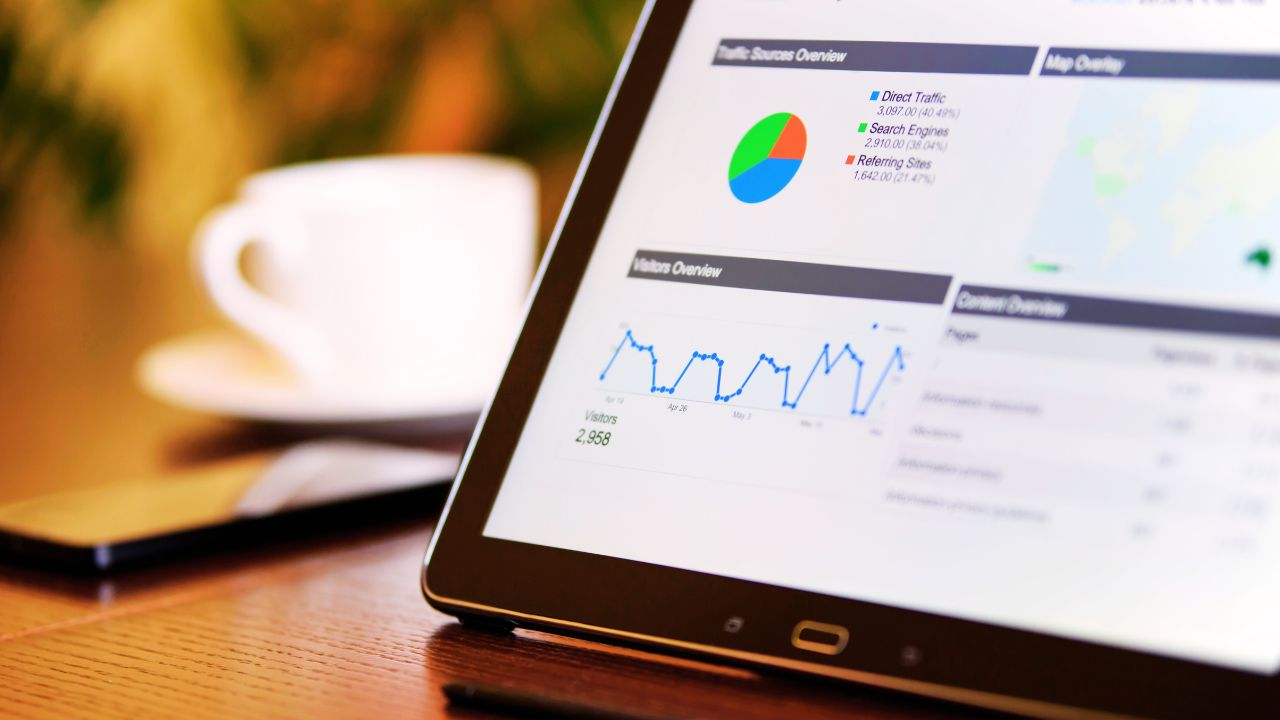 Tablet mit Analyse-Dashboard für Besucherzahlen und Marketingdaten im E-Commerce