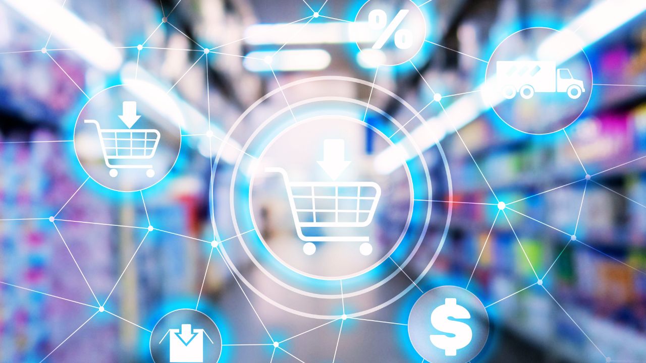 Abstraktes E-Commerce Netzwerk mit Einkaufswagen-Icon; KPIs im Tagesgeschäft messen via ERP, Echtzeit-Dashboard und Datenintegration.