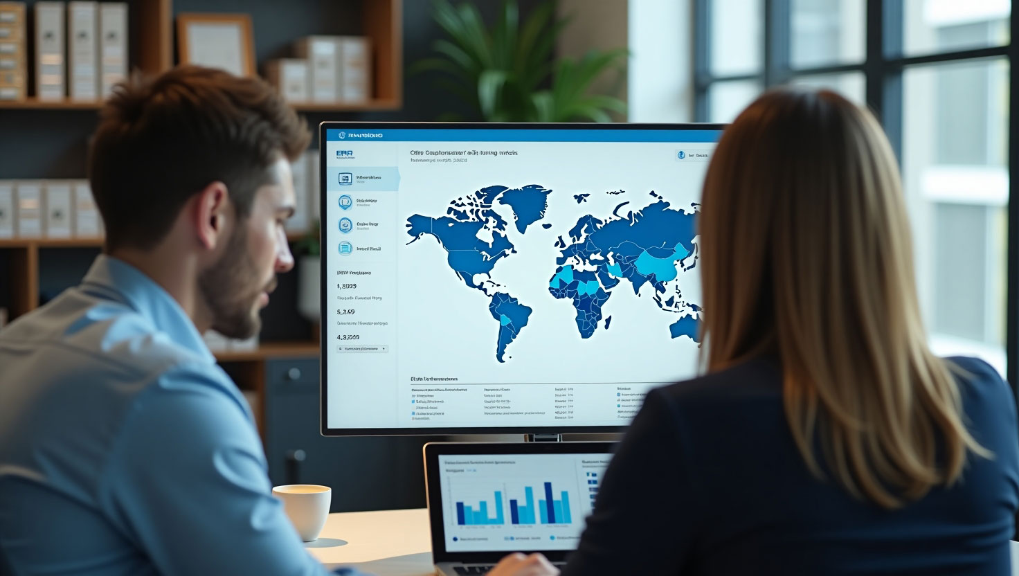 Realistisches E-Commerce-Büro mit zwei Mitarbeitenden, die ein ERP-Dashboard auf dem Laptop analysieren – Cloud-ERP-Lösung DIVA NOW für Wachstum und Internationalisierung